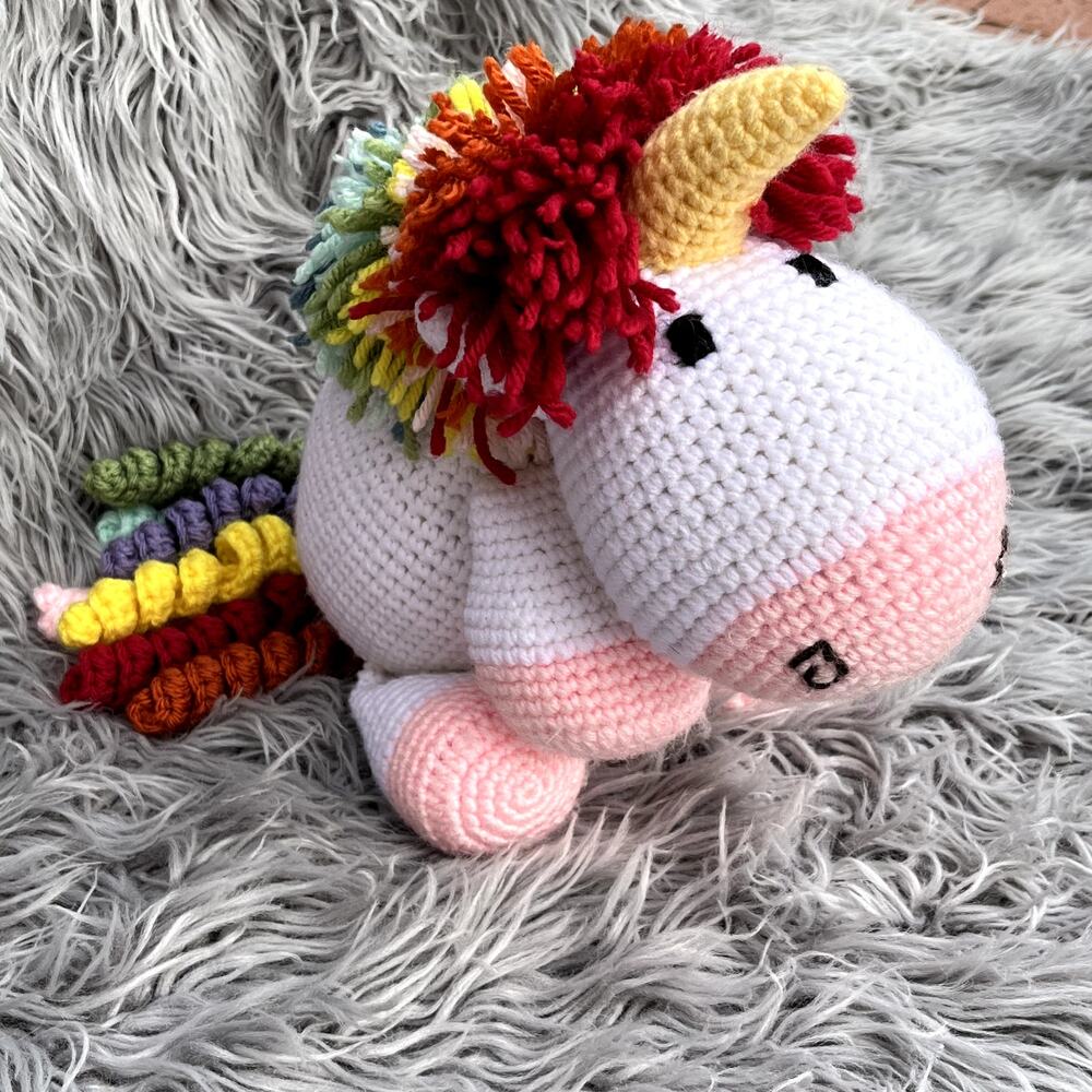 Handmade Rainbow Cuddles Crochet Unicorn Stuffed Animal Plush White Curly Q Tail